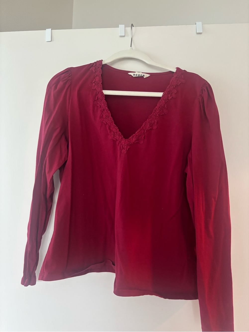 Boden Women's Deep Red Lace-Trim V-Neck Blouse